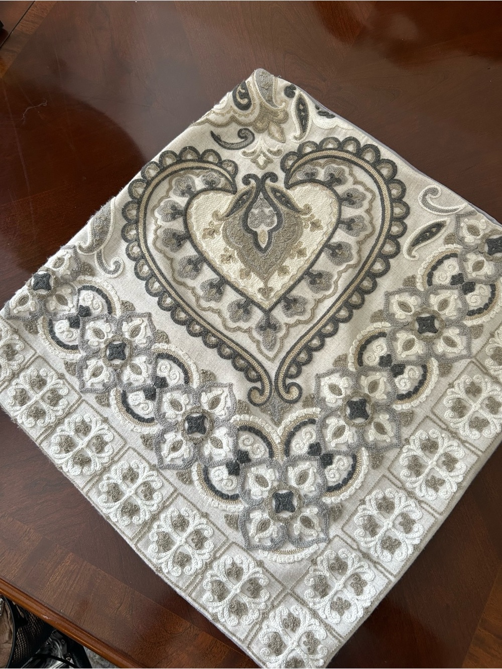 Envogue Embroidered Heart Pillow Cover in Cream, Gray and Gold Accents